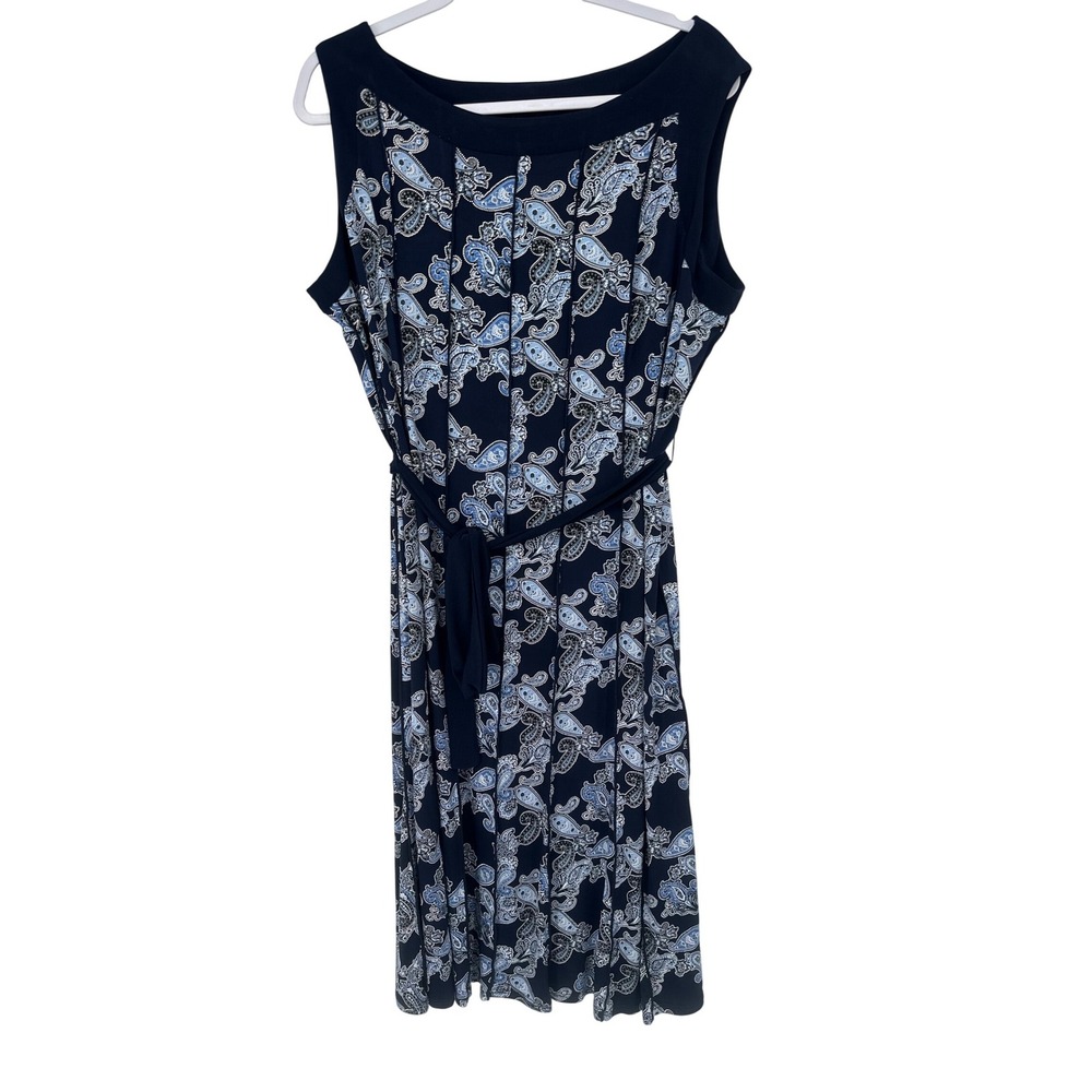 Perceptions Woman Dress 18W  Blue Paisley Midi Pleated Belted Casual‎ Career